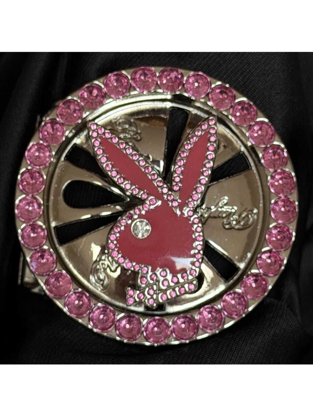 PLAYBOY Pink Rhinestone Spinner Chrome Belt Buckle